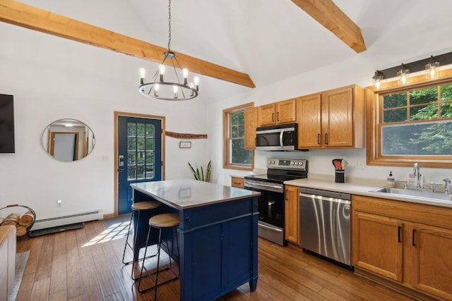 kitchen with a wealth of natural light, sink, a kitchen bar, a kitchen island, and stainless steel appliances