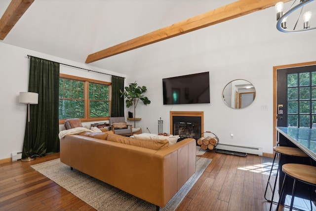 living room with dark hardwood / wood-style floors, baseboard heating, beamed ceiling, and a chandelier