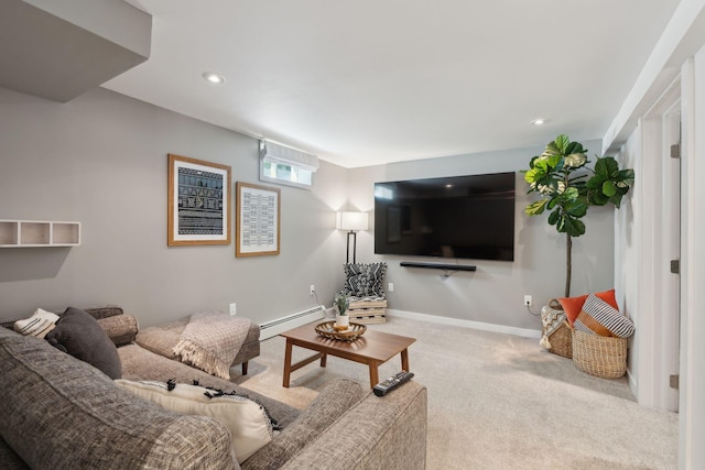 living room featuring baseboard heating and carpet floors