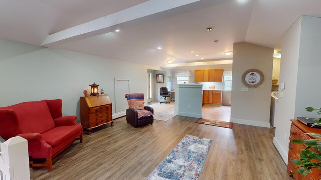 living room with a baseboard radiator, lofted ceiling, and light hardwood / wood-style floors