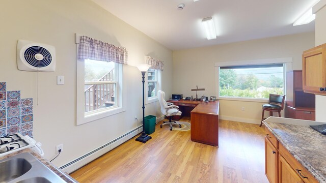 kitchen with light wood-type flooring and a baseboard radiator