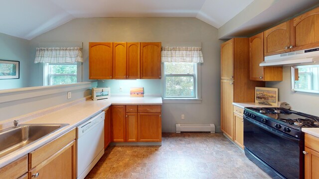 kitchen with dishwasher, lofted ceiling, black gas range oven, and a baseboard heating unit