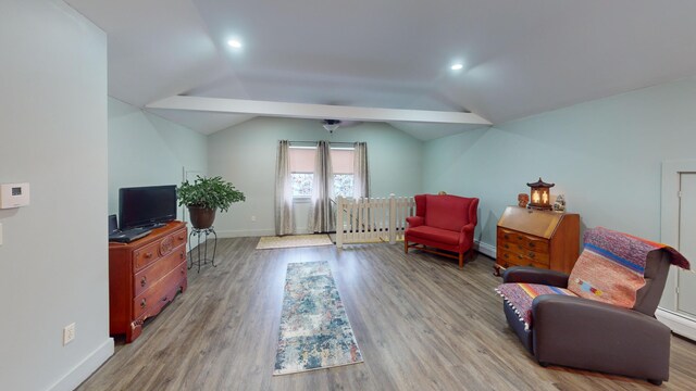 sitting room with light wood-type flooring, vaulted ceiling, and a baseboard heating unit