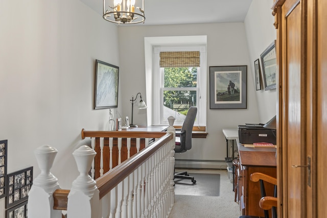 12 Steamboat Wharf Ln, Harpswell, ME 04079 - office space featuring carpet flooring, baseboards, a baseboard heating unit, and an inviting chandelier