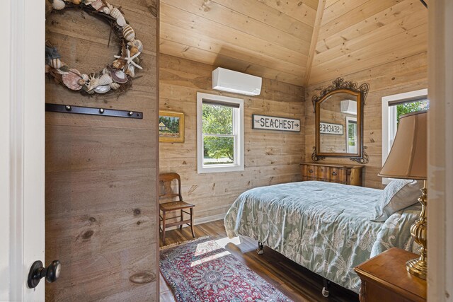 12 Steamboat Wharf Ln, Harpswell, ME 04079 - bedroom with multiple windows, a wall unit AC, and wood walls
