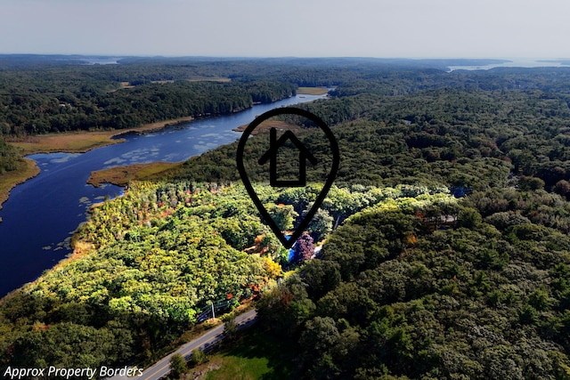 aerial view featuring a water view and a forest view