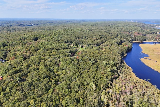 drone / aerial view with a wooded view and a water view
