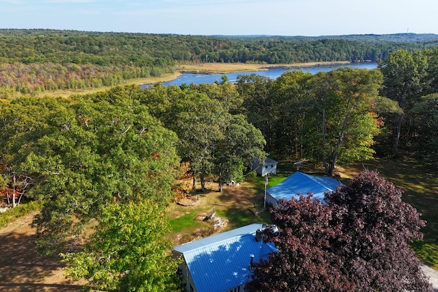 aerial view featuring a water view and a view of trees
