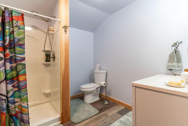 bathroom with hardwood / wood-style flooring, lofted ceiling, a shower with curtain, vanity, and toilet