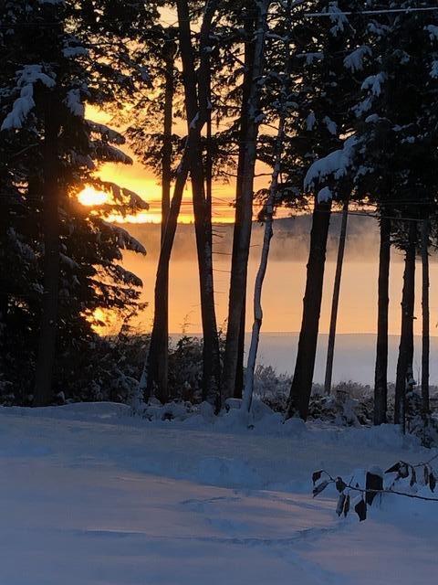 snowy landscape with a water view