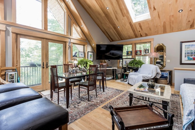 living room featuring a skylight, wood ceiling, hardwood / wood-style floors, and high vaulted ceiling