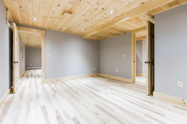 empty room featuring light wood-type flooring, wood ceiling, and baseboard heating