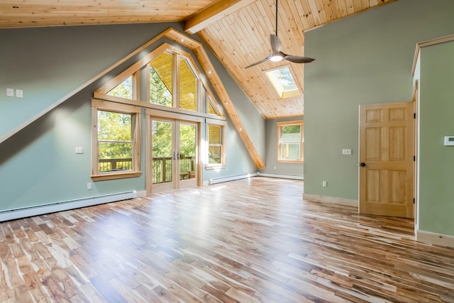 unfurnished living room featuring light wood-type flooring, a skylight, and a wealth of natural light