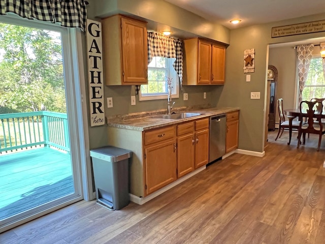 kitchen with a wealth of natural light, light wood-type flooring, sink, and stainless steel dishwasher