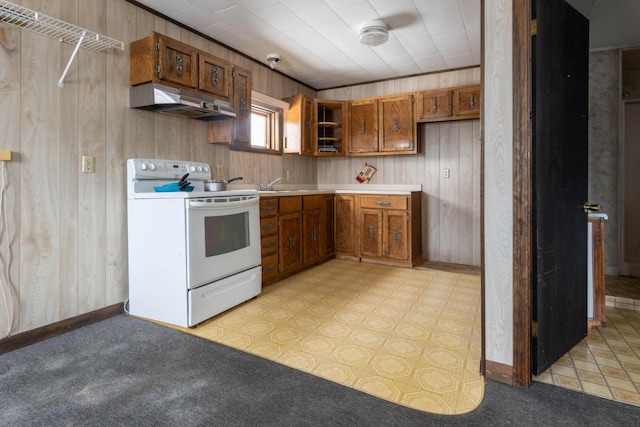 kitchen featuring light colored carpet, sink, wooden walls, and white electric stove