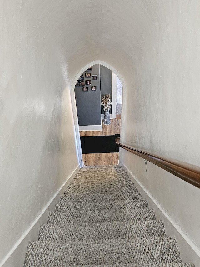 stairs featuring vaulted ceiling and carpet floors