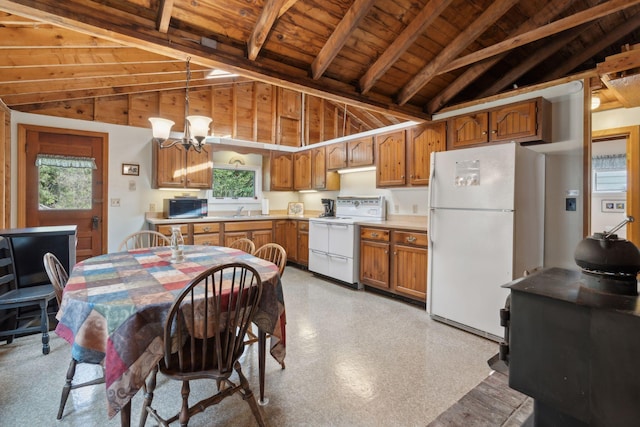 kitchen featuring wood ceiling, white appliances, pendant lighting, beamed ceiling, and sink