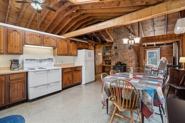 kitchen featuring lofted ceiling with beams, wood ceiling, ceiling fan with notable chandelier, a wood stove, and white appliances