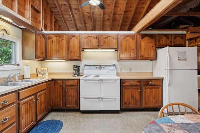 kitchen featuring lofted ceiling with beams, wood ceiling, sink, white appliances, and ceiling fan