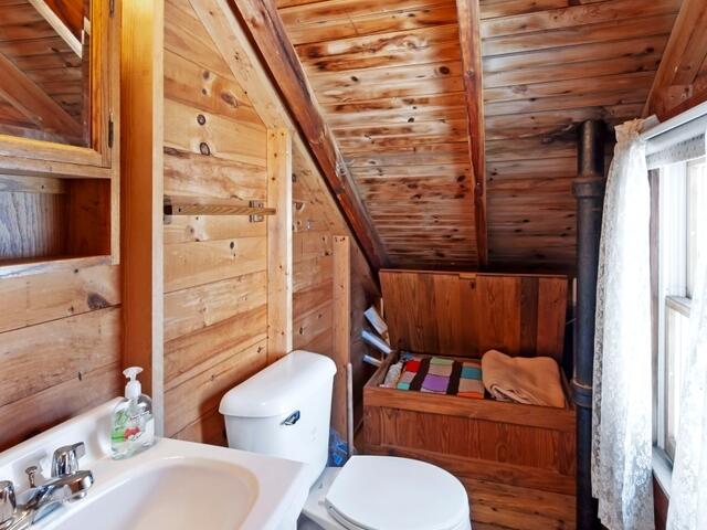 bathroom featuring wood ceiling, vaulted ceiling, toilet, and sink