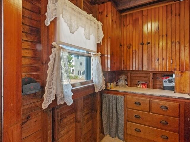 kitchen with wood walls