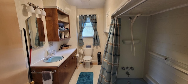 full bathroom featuring tile patterned flooring, toilet, shower / bath combo with shower curtain, ornamental molding, and vanity