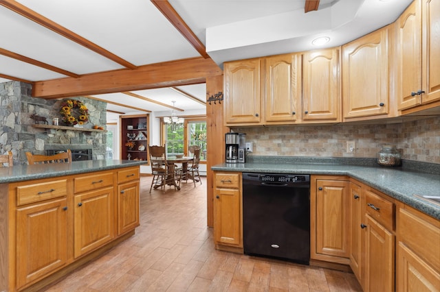 kitchen with light hardwood / wood-style floors, black dishwasher, beam ceiling, and tasteful backsplash