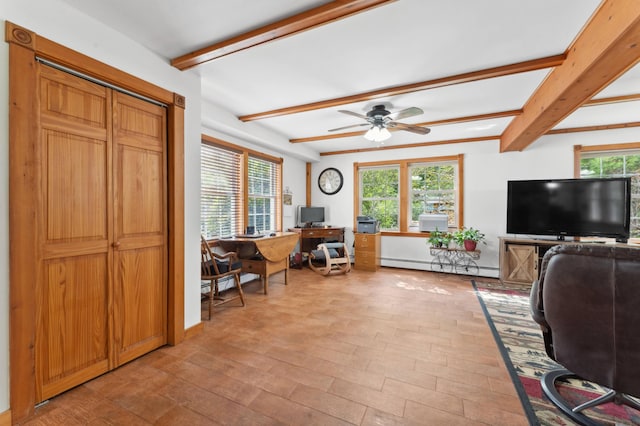 living room featuring ceiling fan, baseboard heating, beam ceiling, and light hardwood / wood-style flooring