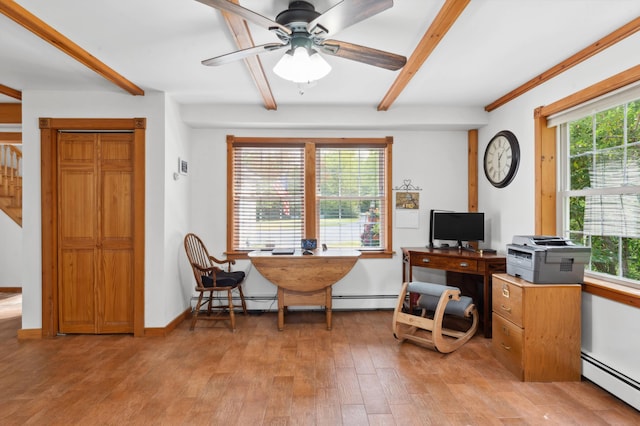 office featuring a baseboard heating unit, light hardwood / wood-style floors, ceiling fan, and plenty of natural light