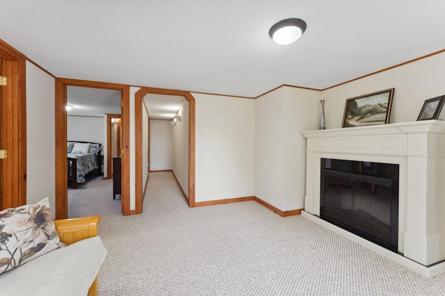 carpeted living room with a textured ceiling