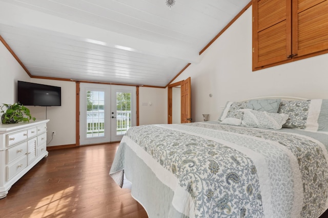 bedroom featuring lofted ceiling with beams, wood ceiling, access to exterior, dark hardwood / wood-style floors, and french doors