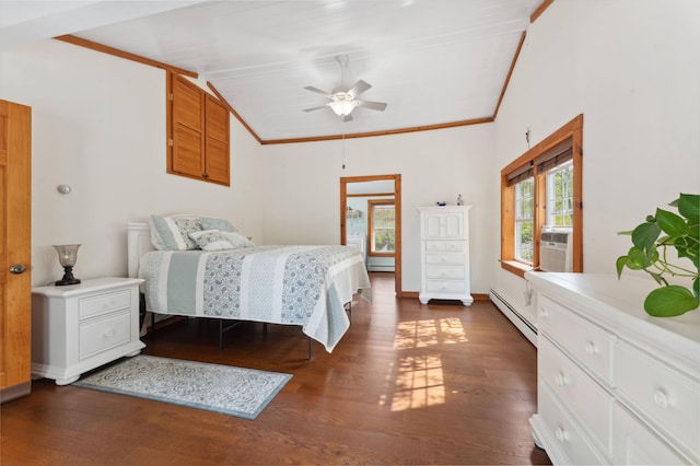 bedroom with lofted ceiling, baseboard heating, ceiling fan, and dark hardwood / wood-style flooring