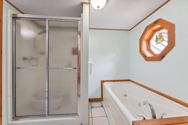 bathroom featuring plus walk in shower, tile patterned flooring, a textured ceiling, and crown molding