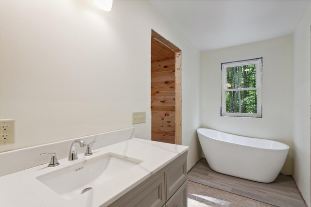 bathroom with vanity, hardwood / wood-style flooring, and a washtub