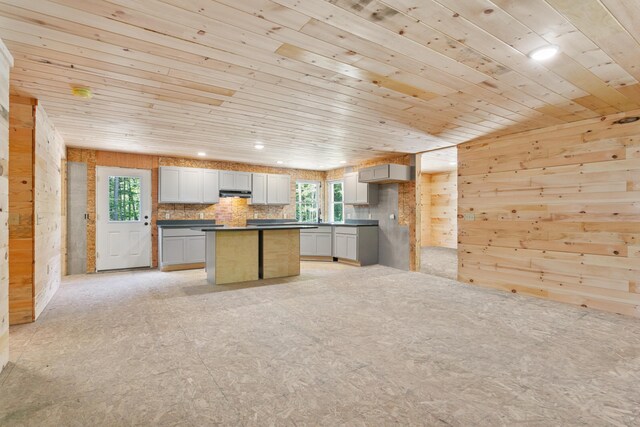 kitchen with a kitchen island, wooden walls, and a healthy amount of sunlight