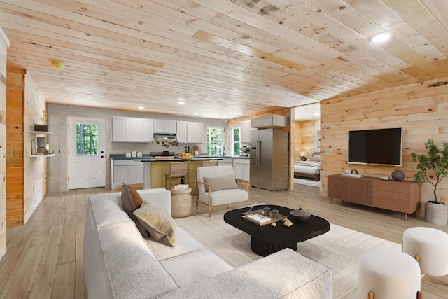 living room featuring wood walls, light hardwood / wood-style floors, wooden ceiling, and a wealth of natural light