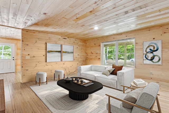 living room featuring wood ceiling, wooden walls, and light hardwood / wood-style flooring