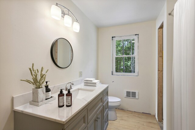 bathroom featuring hardwood / wood-style floors, vanity, and toilet