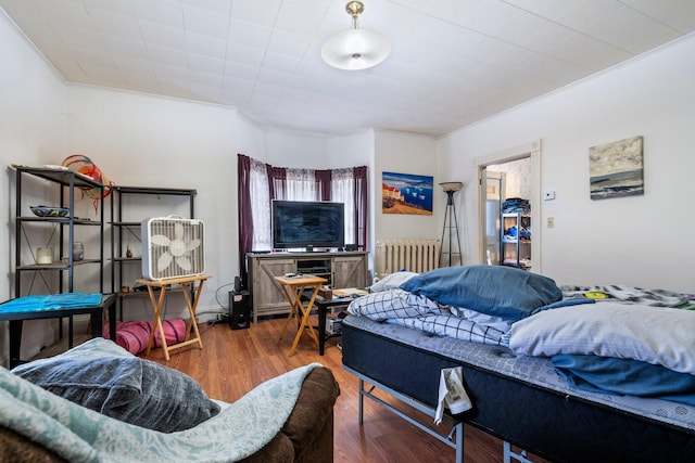 bedroom featuring radiator, hardwood / wood-style flooring, crown molding, and multiple windows