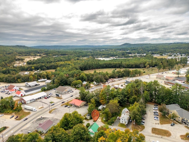 birds eye view of property featuring a wooded view