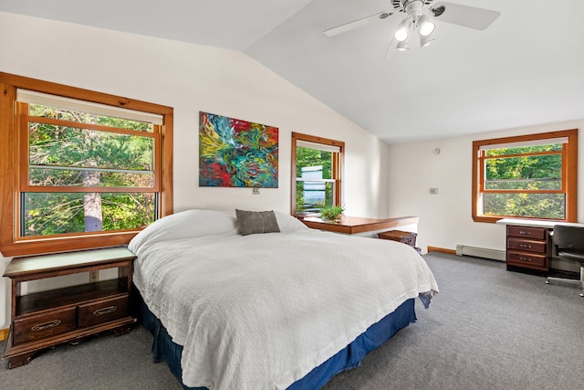 carpeted bedroom featuring ceiling fan, a baseboard radiator, and multiple windows