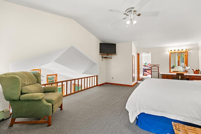 bedroom with carpet flooring, a baseboard radiator, ceiling fan, and lofted ceiling