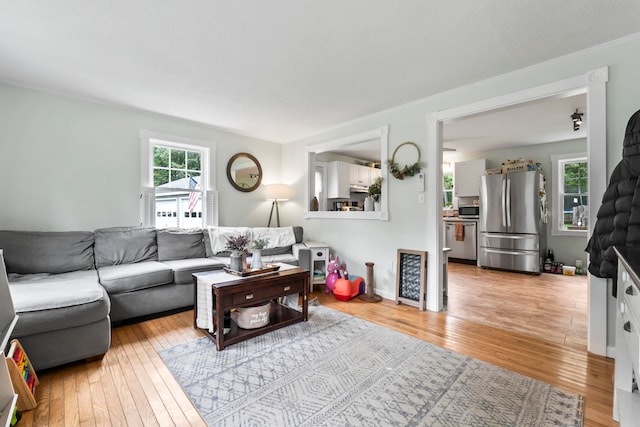 living room with light hardwood / wood-style floors and ornamental molding