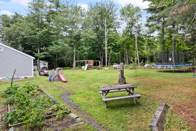 view of yard with a trampoline and a playground