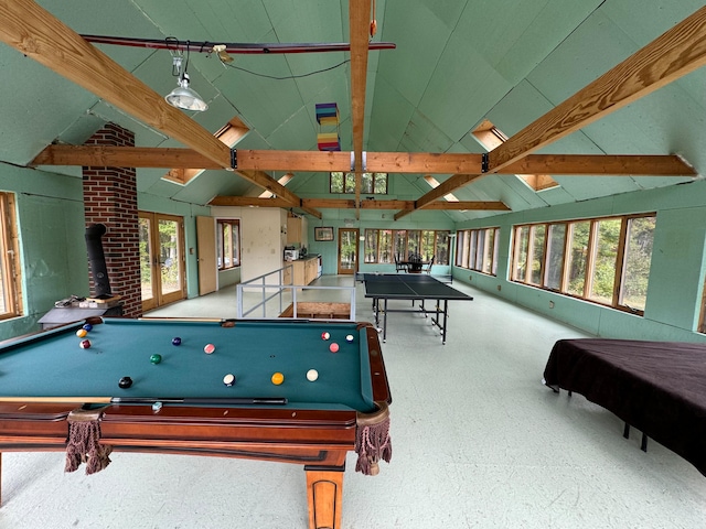 playroom featuring vaulted ceiling with beams, pool table, and a wealth of natural light