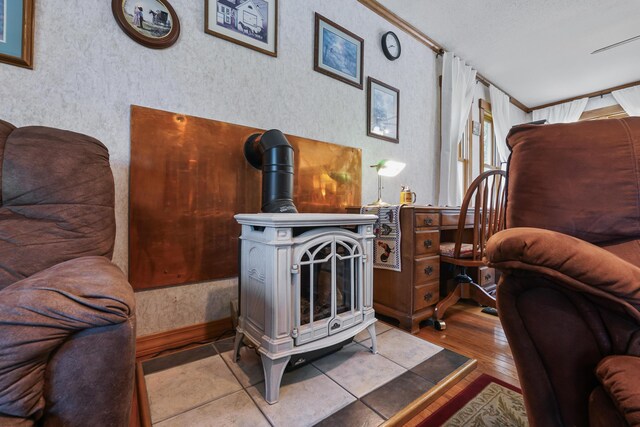 details featuring wood-type flooring and a wood stove