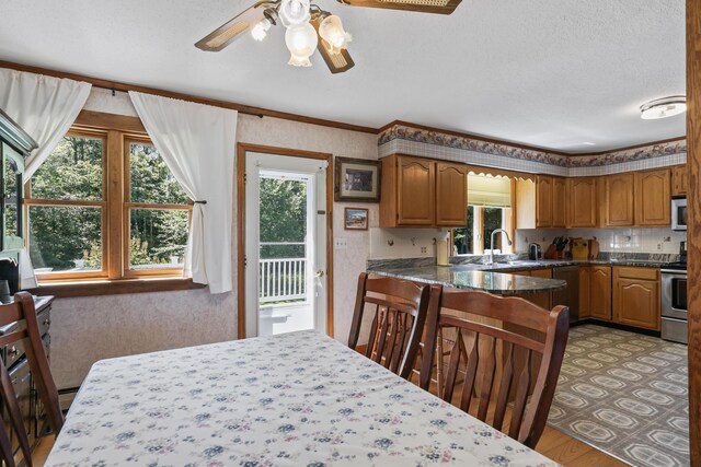 kitchen with dark stone counters, light wood-type flooring, sink, stainless steel appliances, and ceiling fan