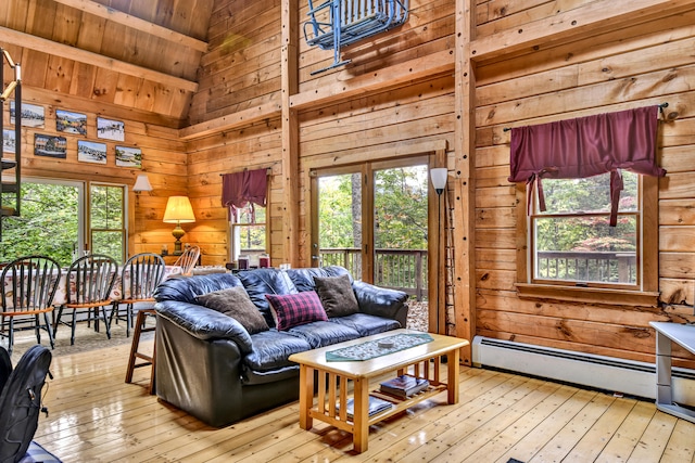 living room featuring high vaulted ceiling, light wood-type flooring, wooden ceiling, and a baseboard radiator