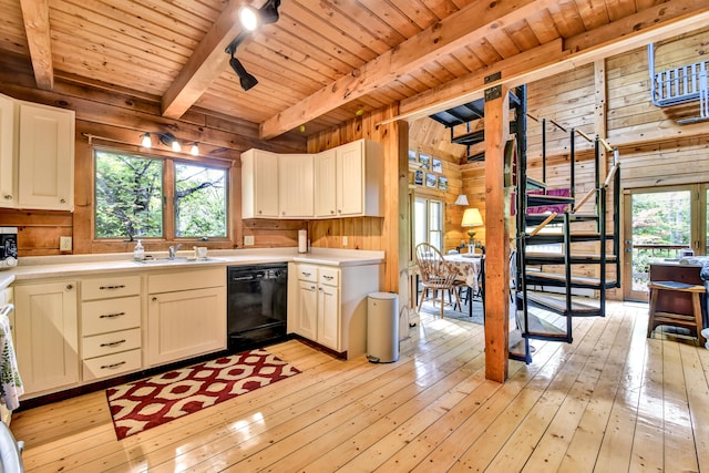 kitchen featuring white cabinets, wood walls, and dishwasher