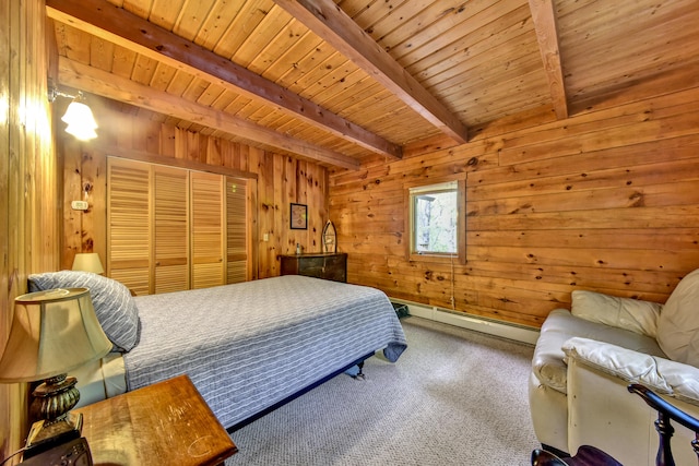 carpeted bedroom with wooden walls, a baseboard radiator, wood ceiling, and beam ceiling